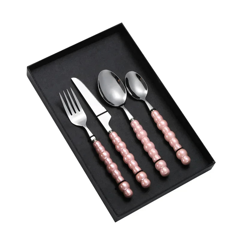 4Pcs Luxury Dinnerware Set Ceramic Pearl Handle Stainless Steel Spoon and Fork Set Western Silver Cutlery High-looking Tableware