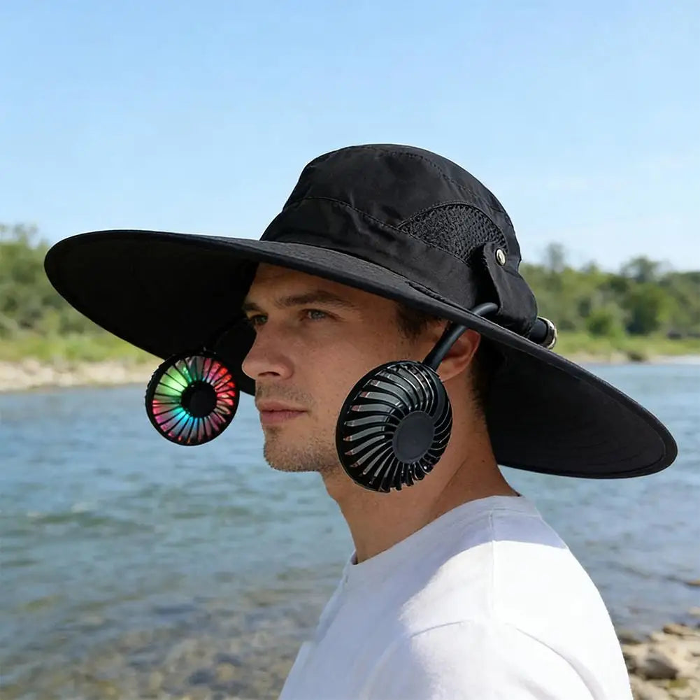 Wide Brim Solar Fan Hat With Dual Fans And USB Charging