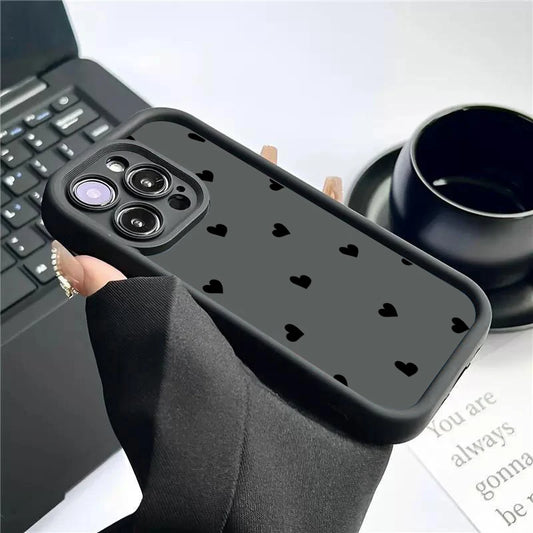 Black Love Heart Soft Matte Phone Case For iPhone 17 Air 14 Pro 16E Plus Cover For iPhone 15 16 17 Pro Max Cases