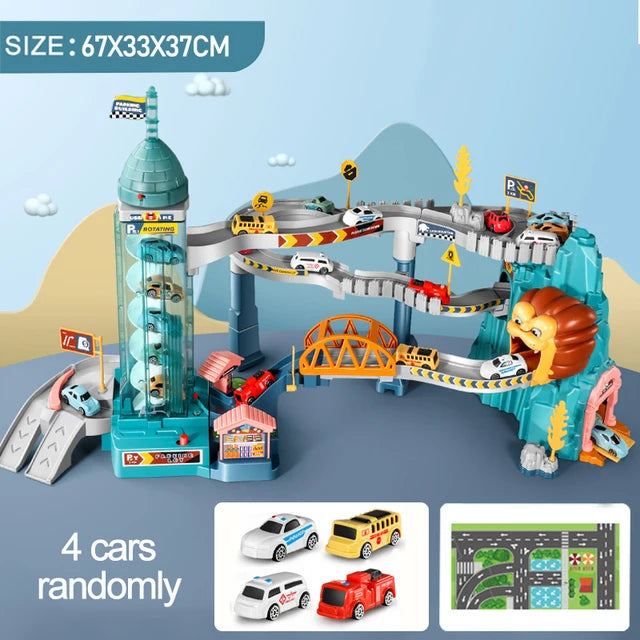 Electric Rail Car Dinosaur Building Parking Lot Adventure Racing Rail Car Toys Brain Mechanical Interactive Rail Cars