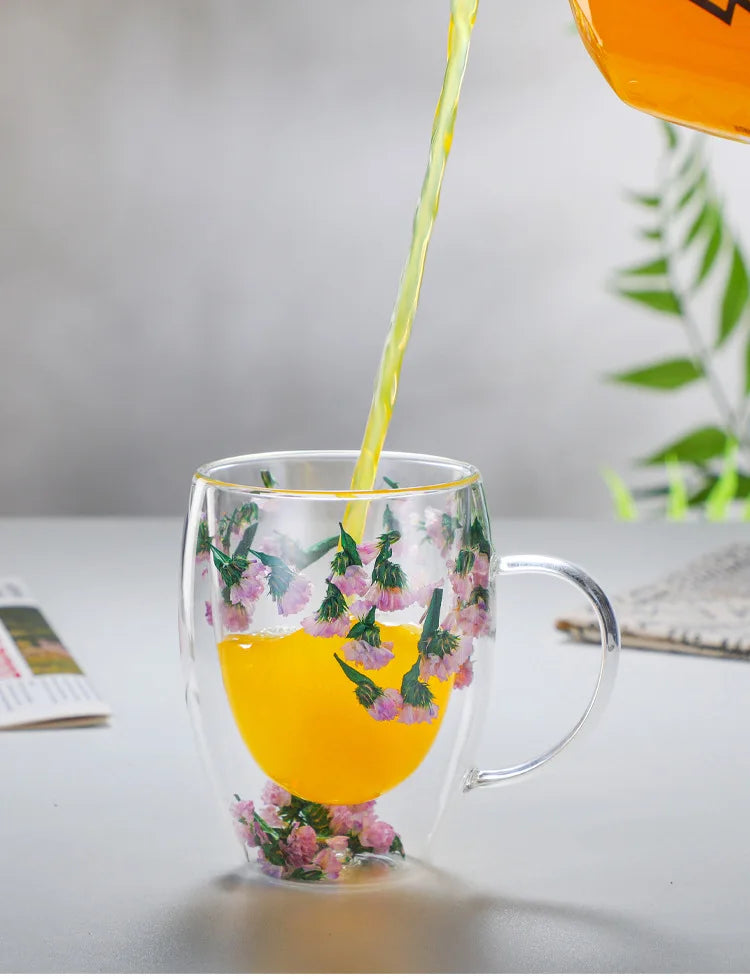Double Wall Glass Coffee Mugs Double Insulated Glass Cup 350ml Flower Design