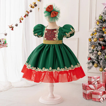 2Pcs Luxury Sequined Princess Christmas Dress for Girls Xmas Children's Cake Tiered Gala Formal Occasion Elegant Party Dresses