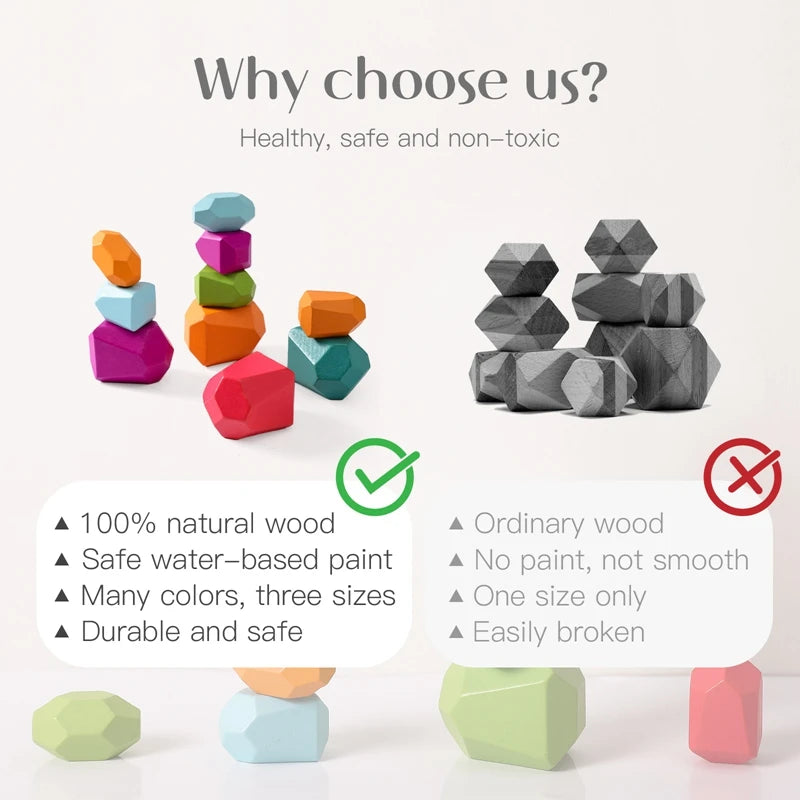 Wood Rainbow Stones Block Colorful Wooden Building Block Rainbow Stacker Balancing Stone Montessori Educational Toy Children