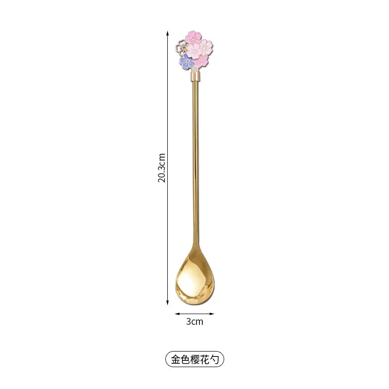Colorful Cherry Spoons Long Handle Dessert Spoon 304 Stainless Steel Petal Teaspoons Catoon Blossom Star Fish Shape Home Decor
