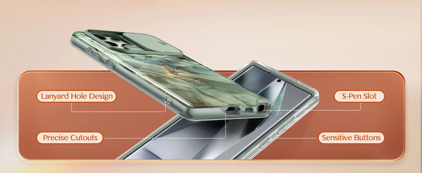 For Samsung Galaxy S24 Ultra Case with 2 Front Frames Slide Camera Lens Protection Heavy Duty Shockproof Marble Phone Case Cover