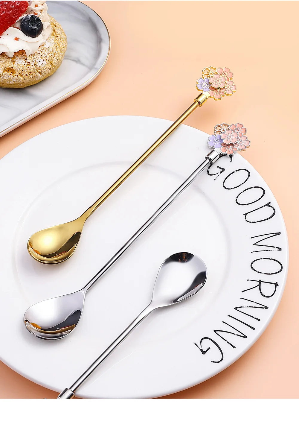 Colorful Cherry Spoons Long Handle Dessert Spoon 304 Stainless Steel Petal Teaspoons Catoon Blossom Star Fish Shape Home Decor