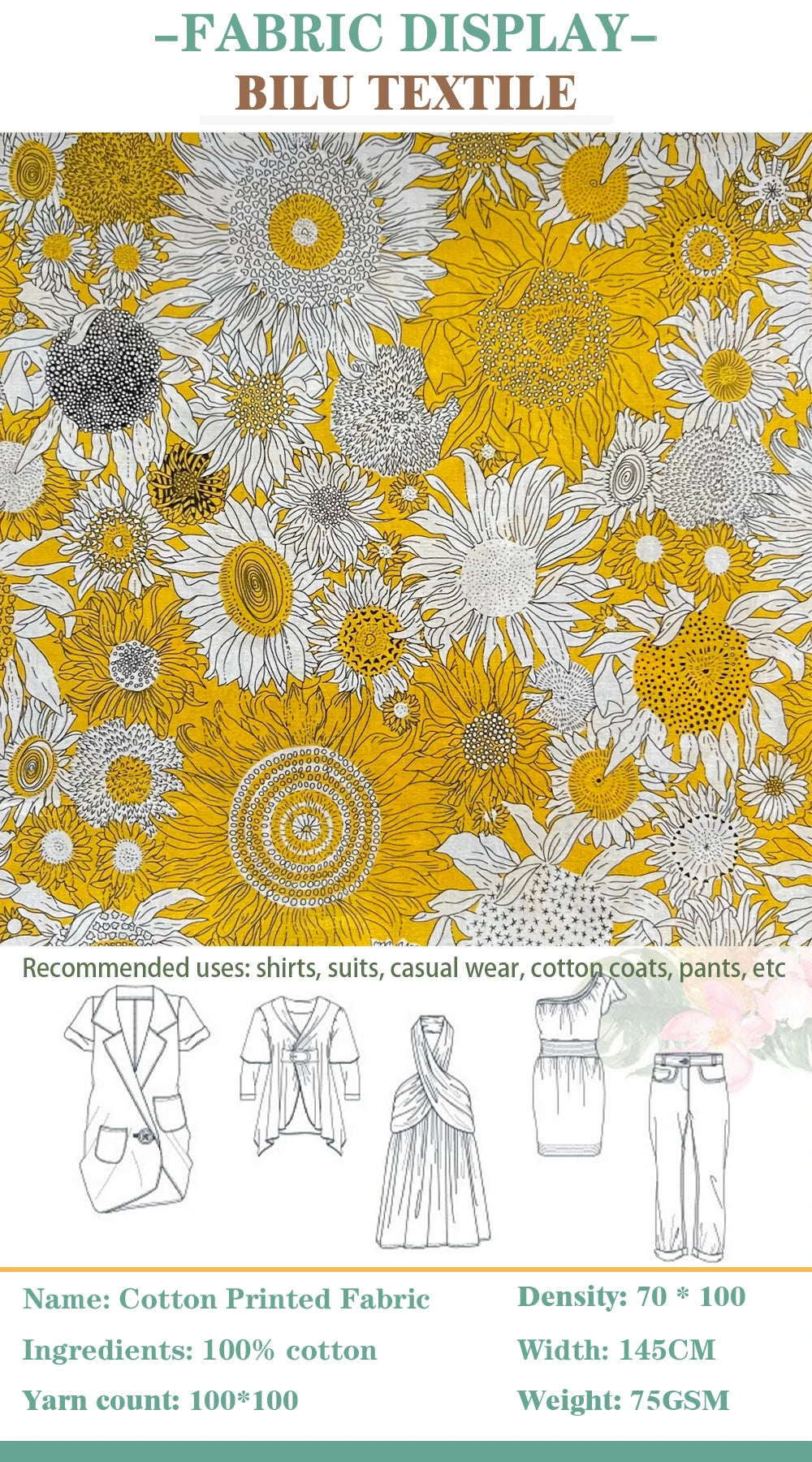 1/2/5M 100%Combed Cotton Poplin Digital Printing 80S Like Liberty Small sus sun flower Sewing Dress Clothing Handmade DIY Cloth