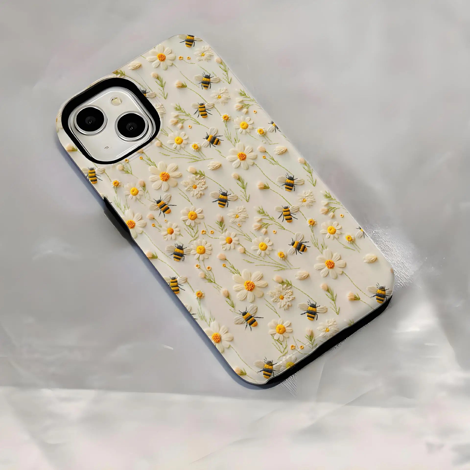 Luxury Embroidery Effect Bee Daisy Flower Phone Case for iPhone 16 15 Pro Max Plus 2 in 1 Hard Protective Cover