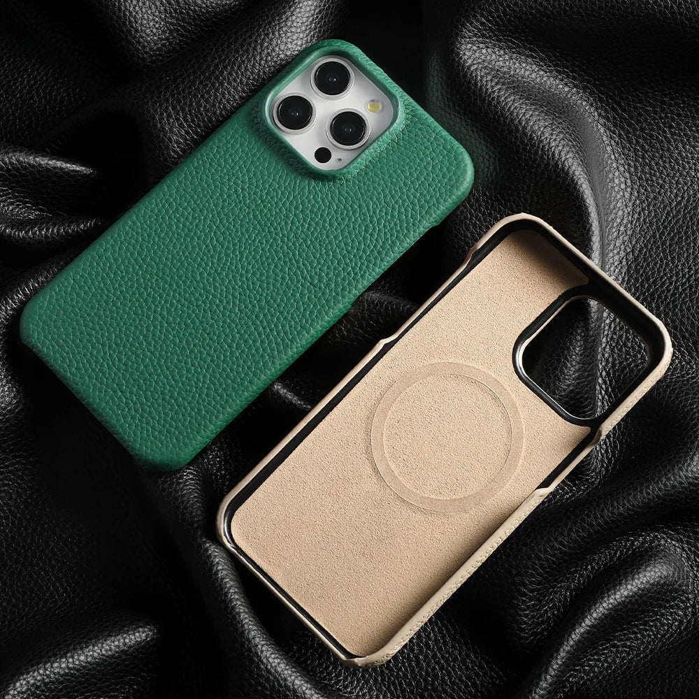 for Magsafe Case for iPhone 15 16 Pro Max Promax 16Pro Natural Cowhide Lychee Leather  Protector Luxury Phone Back Cover