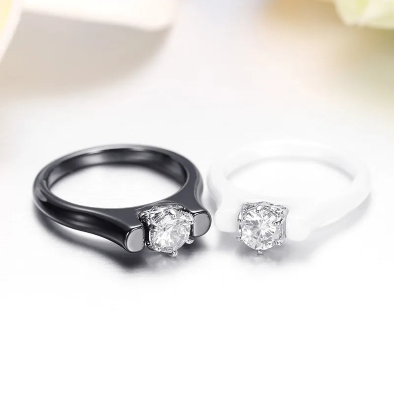 Shinny Cubic Zirconia Ceramic Ring For Women Black/White Color Engagement Wedding Couple Rings