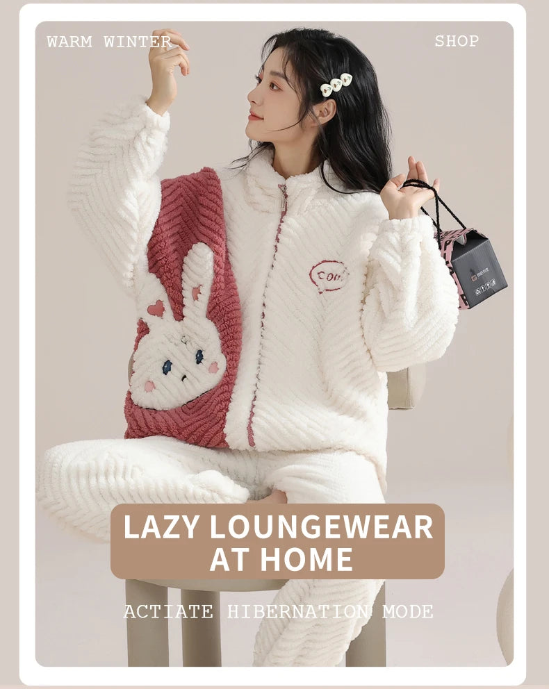 Women’s Winter Flannel Pajama Set – Thick, Soft Coral Fleece with Zipper & Oversized Fit