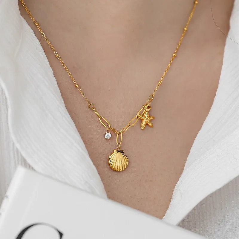 Exquisite Ocean Shell Starfish Pendant Necklace For Women Girls 18K Gold Plated Stainless Steel Choker Chain 45 cm