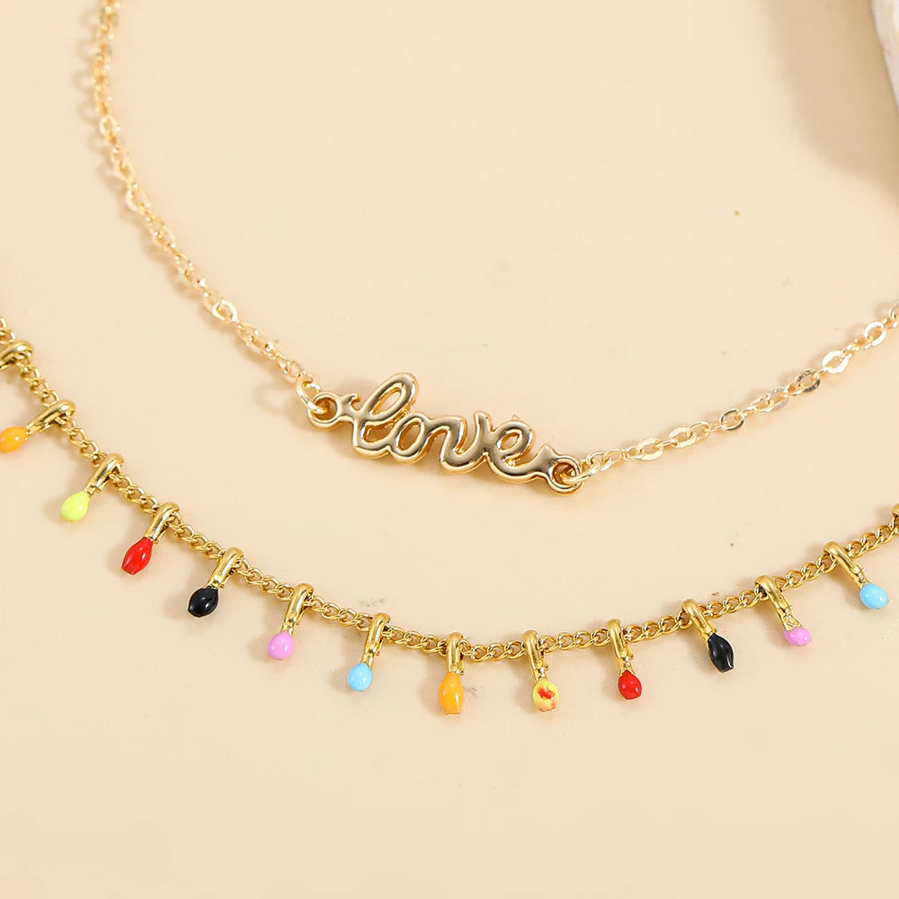 Bohemian Colorful Beads Chain Anklet Gold Color Letter LOVE Pendant Anklets