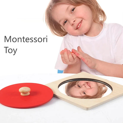 Montessori Mirror Puzzle Baby Busy Board Wooden Toys Mirror Peekaboo Knob Puzzle Shape Matching Game Toddlers Hand Grab Board