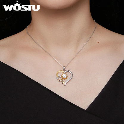 1.0 CT D Moissanite Heart Shape Sunflower Charm Necklace for Women Double Color Yellow Gold 925 Silver Links