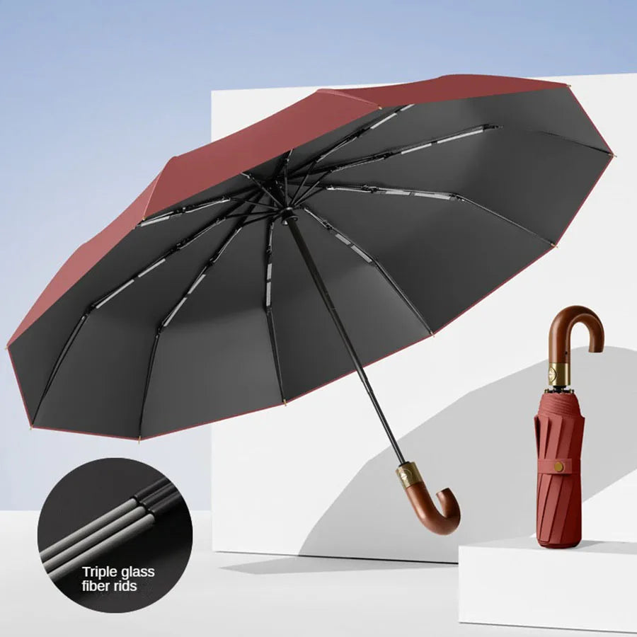 Windproof Automatic Folding Umbrella with UV Protection Curved Handle for Sun and Rain