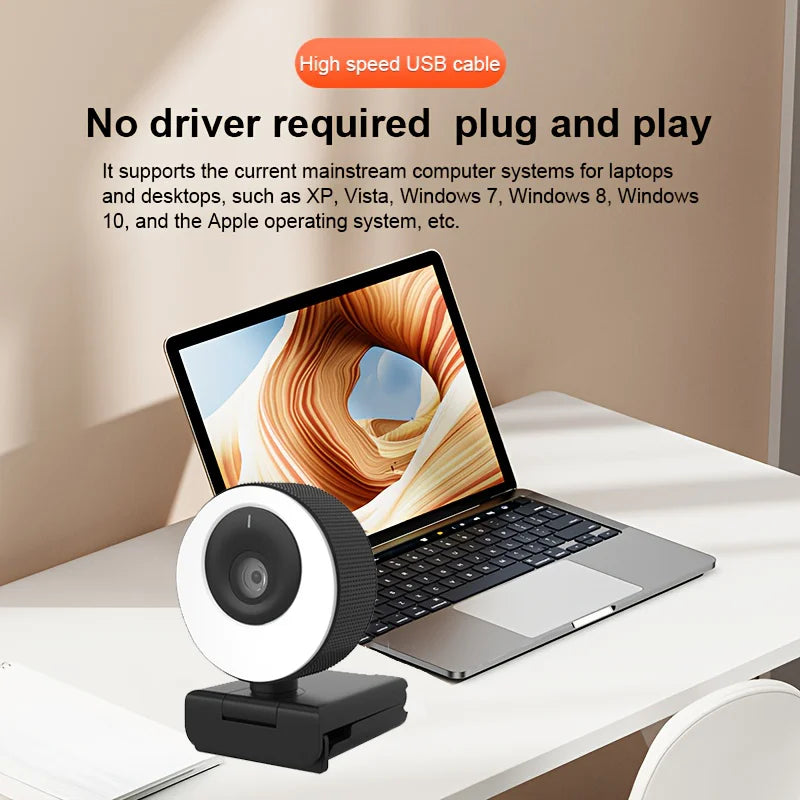 1080P Webcam Live Streaming Fill Light Web Cam for Pc USB Camera Auto Focal 60FPS for Online Study Conference Video Recording