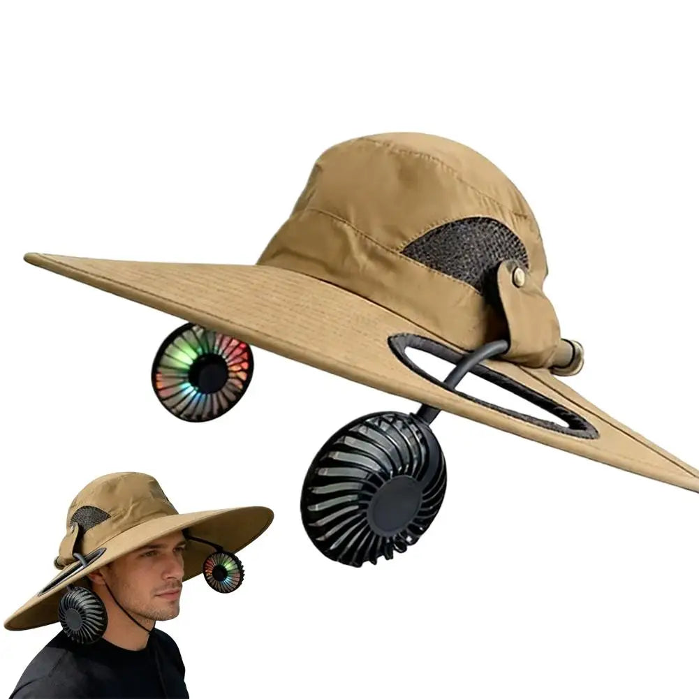 Wide Brim Solar Fan Hat With Dual Fans And USB Charging