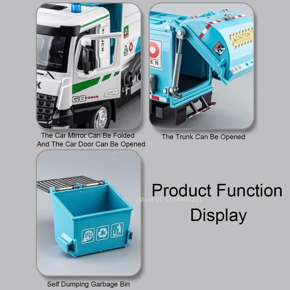 1:18 Electric Sanitation Garbage Truck Toy Cars Model Alloy Water Tanker Diecast Light Sound Vehicle 's Educational Toys