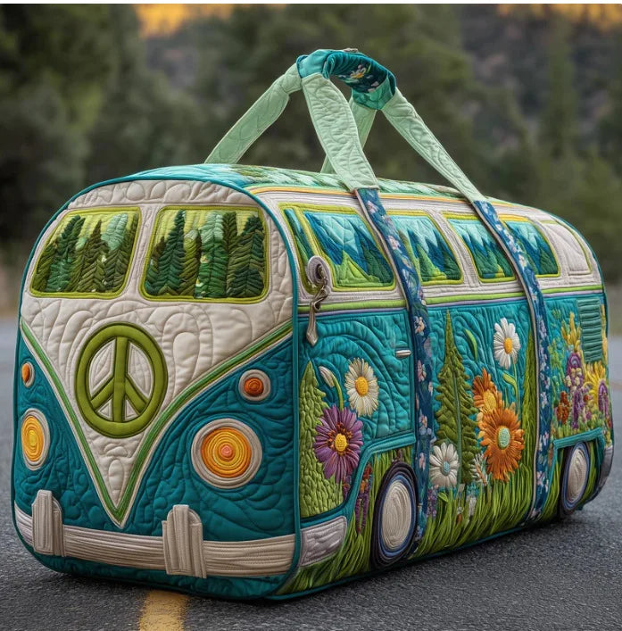 Hippie Van Quilted Travel Duffle Bag Boho Floral Weekender Gym Tote