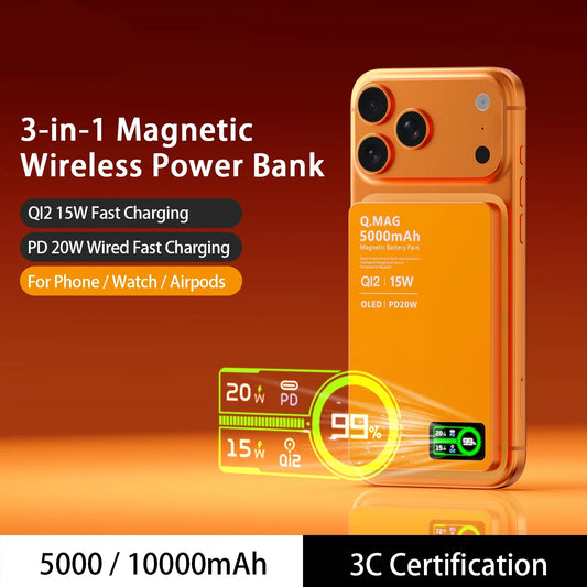 Magnetic Wireless Powerbank Qi 2.1 USB-C Fast Charing Portable External Battery for iPhone 12-17 Pro Watch Airpods 5000/10000mAh