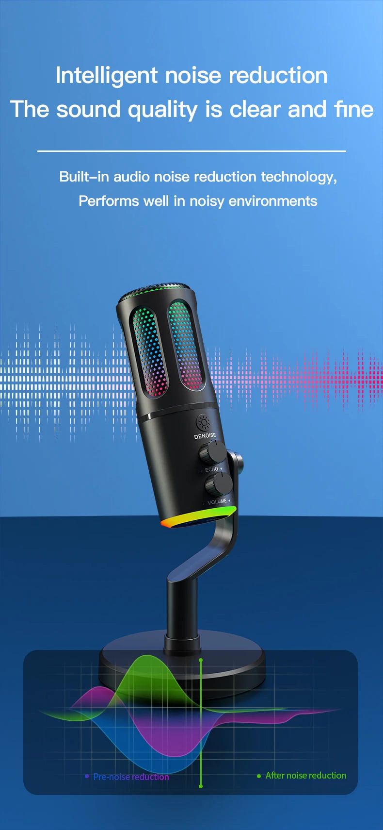 USB condenser microphone with RGB light, DSPnoise reduction, independent monitoring, used for media recording and live streaming