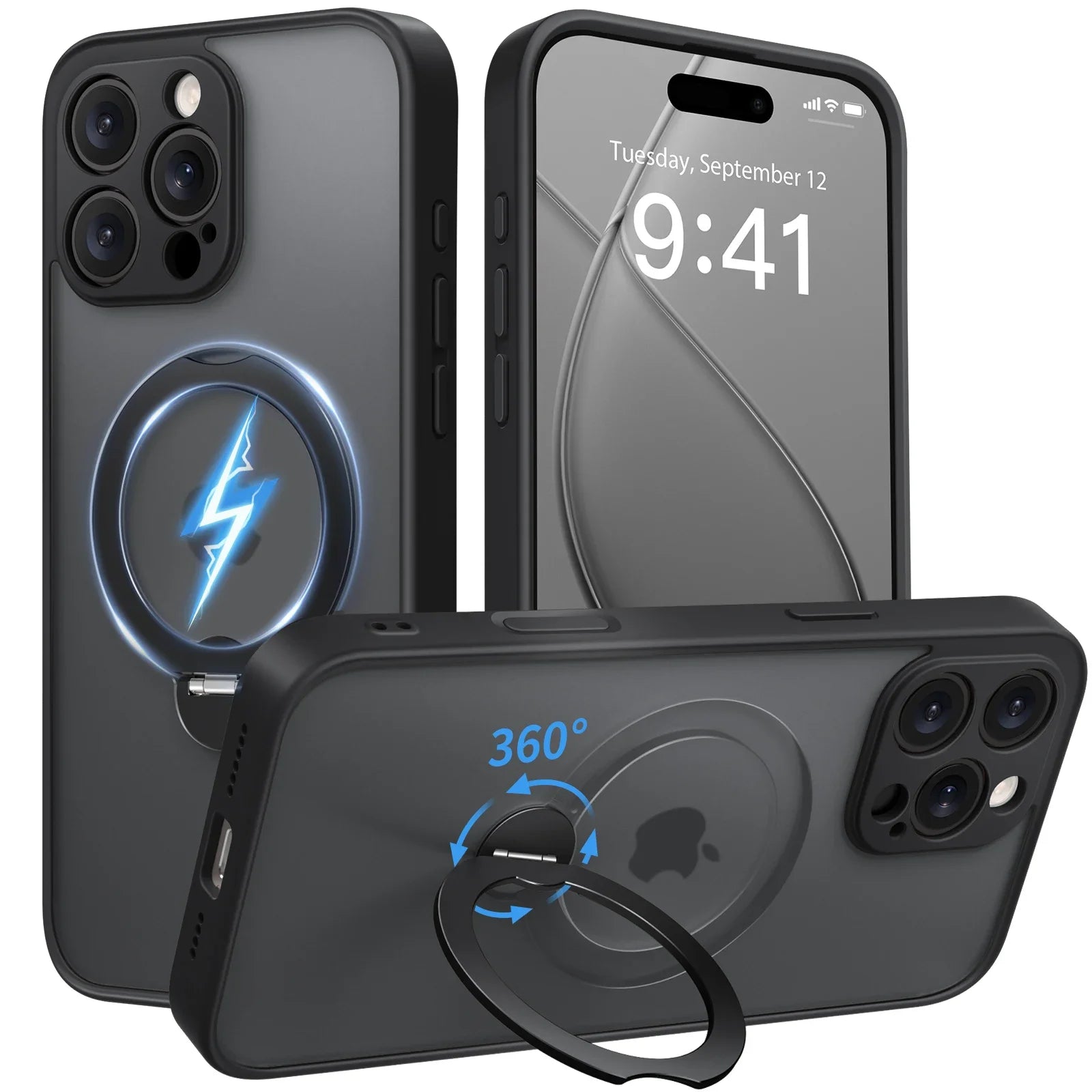 Luxury Magsafe Matte Phone Case For iPhone 16 Pro Max with  Rotatable Ring Stand Camera Lens Protection Shockproof Case