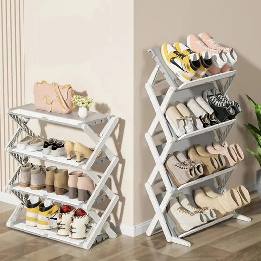 Foldable Shoe Rack X-Shaped 3/4 Layers Shoes Shelf Household Space Saving 2 Modes Multi-Functional Integrated Narrow Shoe Rack