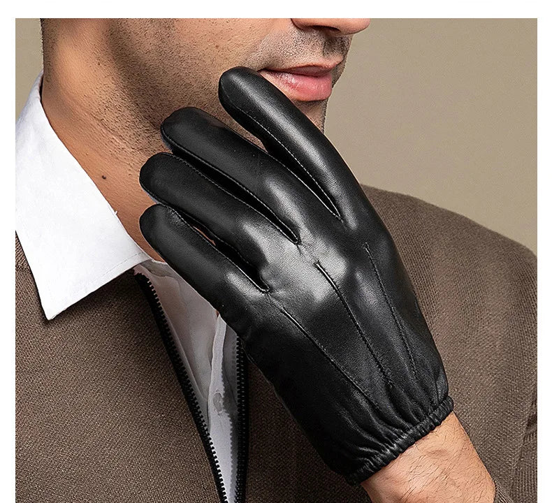 Men Business Sheepskin Leather Gloves Winter Full Finger Touch Screen Brown Gloves Riding Motorcycle Gloves