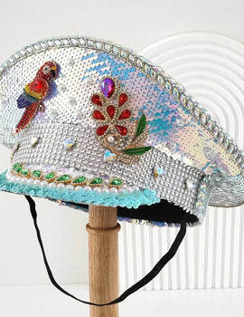 White Steampunk Rhinestone Captain Hat for Burningman Festival Woman, Vintage Military Cap for Man New Designs