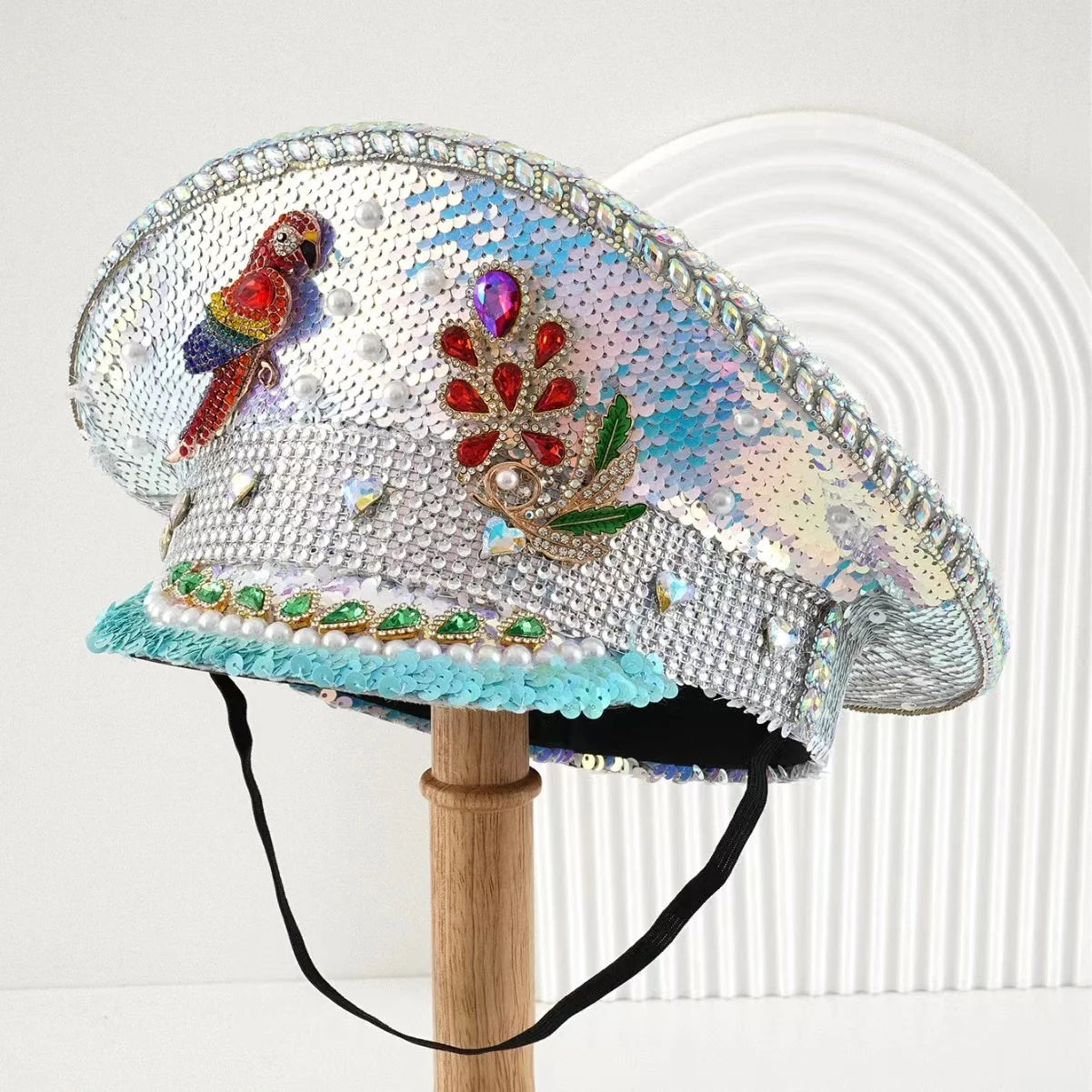 White Steampunk Rhinestone Captain Hat for Burningman Festival Woman, Vintage Military Cap for Man New Designs