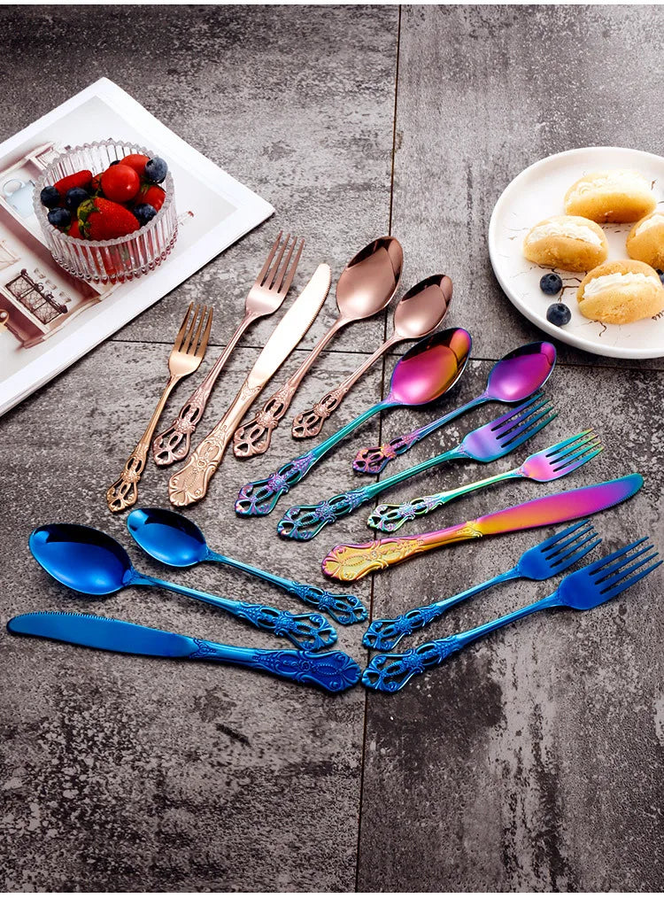 Retro Gold Cutlery Set Luxury Complete Tableware European Style Gift Box Stainless Steel Spoon Fork Steak Knife Set