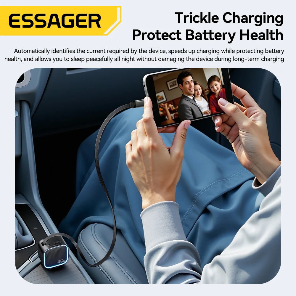 45W Car Charger with 75CM Retractable Cable PD Fast Charging USB C & USB A 3 Port Adapter
