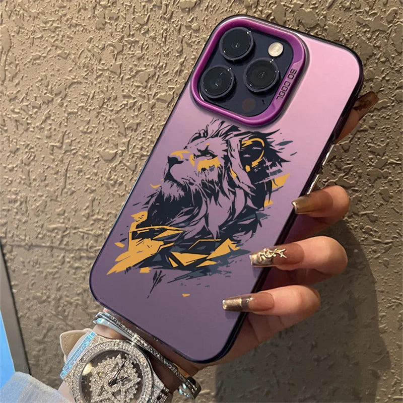 Cross Pattern Bicolor Lion Phone Case For iPhone 14 15 16 Pro Max Shockproof Anti Fall Back Cover