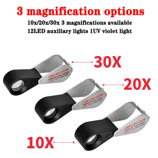 10X 20X 30X Rechargeable LED UV Jewelry Loupe with 4 Light Modes
