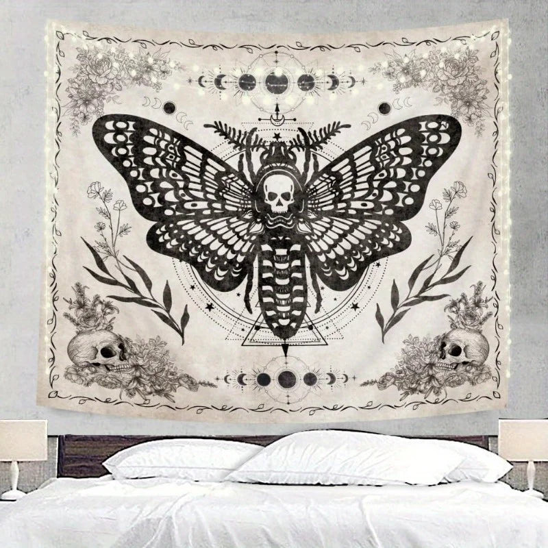 Dark Night Skull Butterfly Moon Phase Tapestry Gothic Style Bedroom Dark Theme Room Decor
