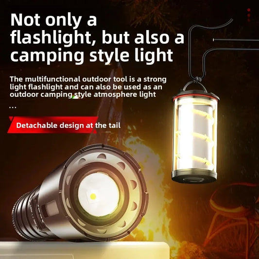 2-in-1 XHP360 High Power Tactical Flashlight Rechargeable Zoom Torch with Camping Light Power Bank Safety Hammer