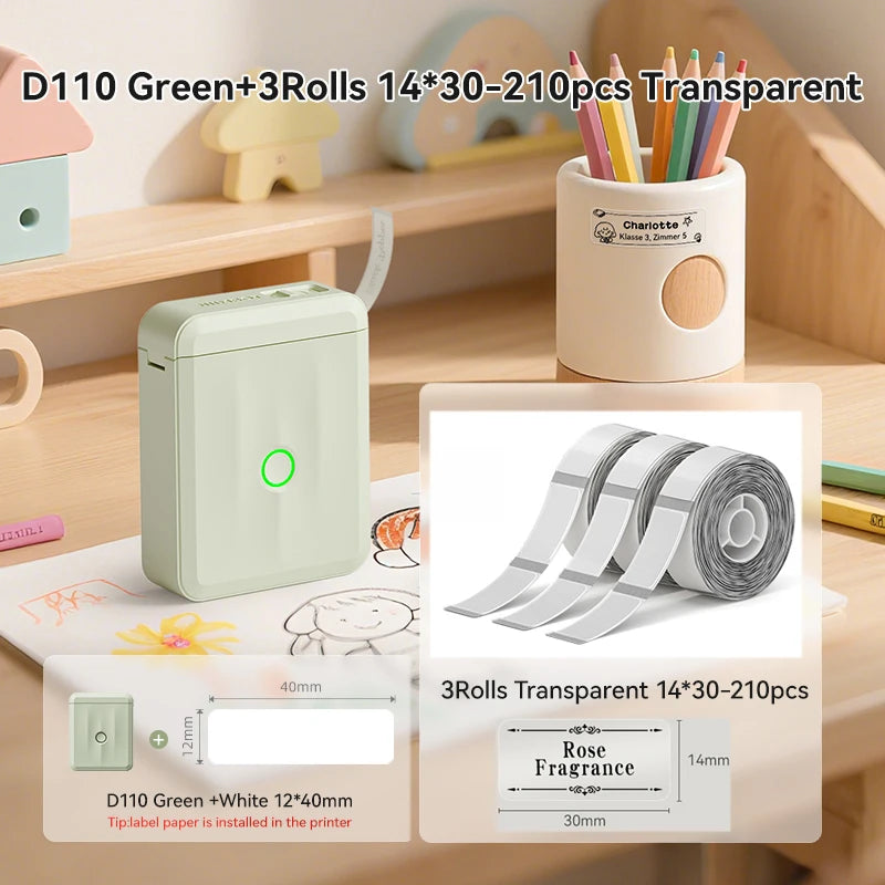 D110 Mini Thermal Label Printer, Bluetooth Portable Smart Label Maker 12–15mm, Inkless Sticker Printer for Home Office Kitchen School