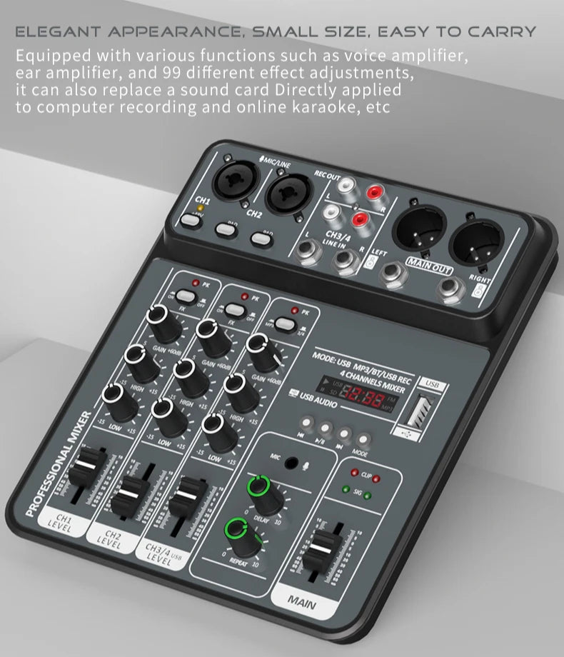 4 Channel Audio Recording Mixer With Bluetooth USB And 48V Phantom Power Light Grey