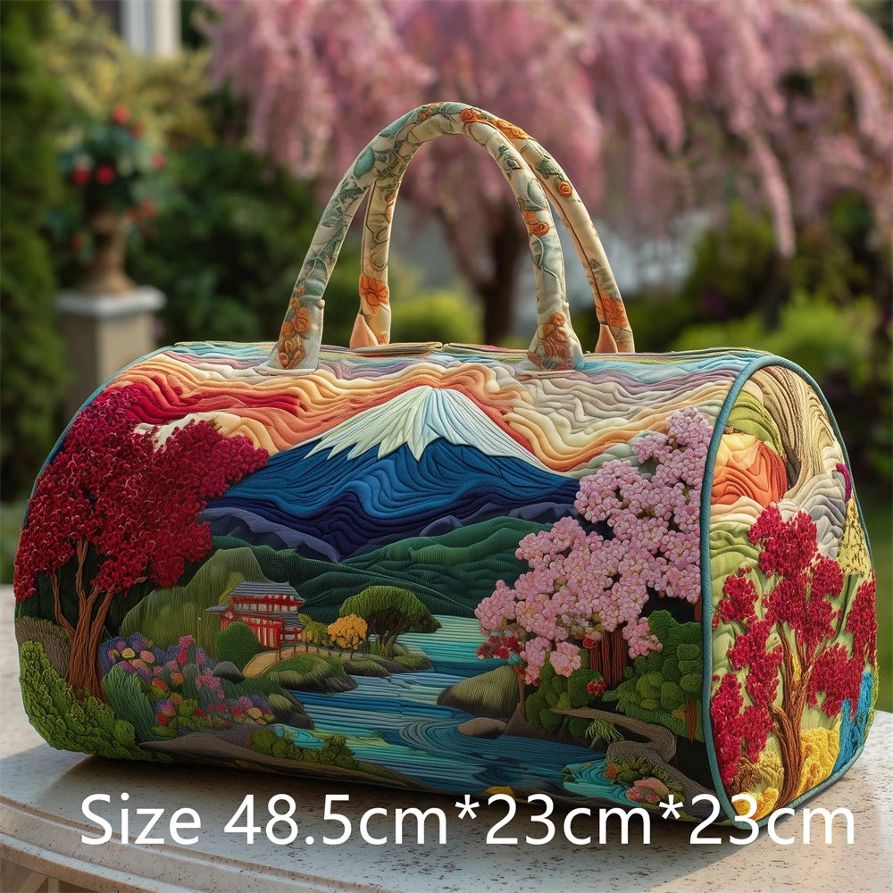 Japanese Style 3D Quilted Duffel Bag Fuji Sakura Koi Fish Print Large Capacity Travel Weekender Gym Bag Landscape Unisex Tote