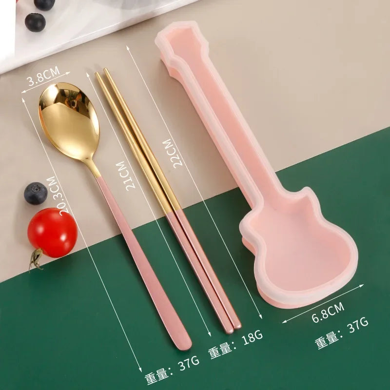 2/3Pcs Cutlery Set Fork Spoon Chopsticks Dinnerware Set 304 Stainless Steel Portable Travel Flatware Guitar Box