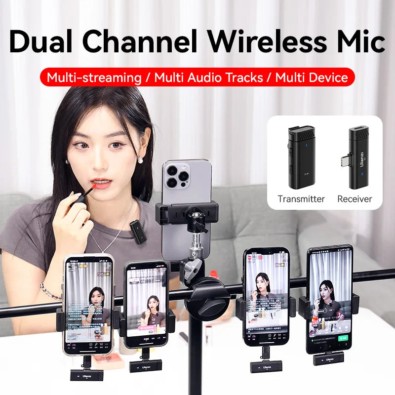 Dual Channel Wireless Mic Microphone for Android iPhone for Live-streaming Video Recording