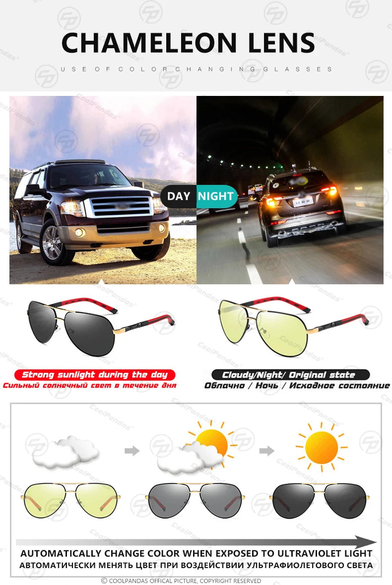 Intelligent Aviation Photochromic Polarized UV400 Day Night Driving Sunglasses for Men Women