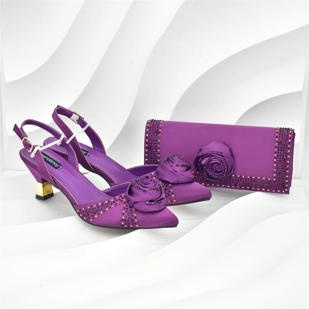 Italian Wedding Matching Shoes and Bags Decorated with Handmade Flowers Diamonds Pointed Toe Women Pumps with Purse