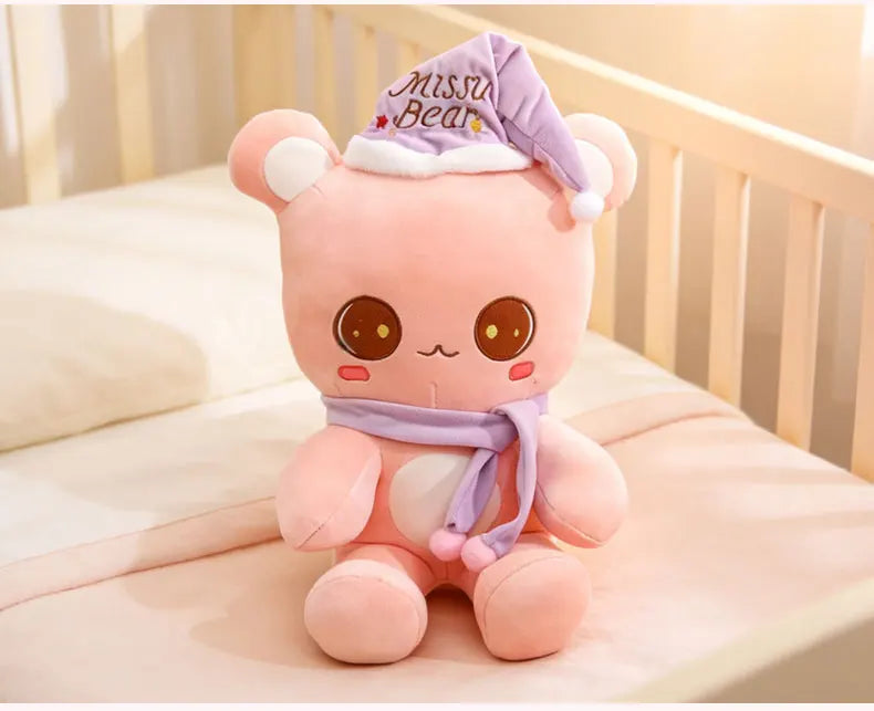 Cute Bear Plush Toy With Sleep Hat And Scarf Soft Pillow