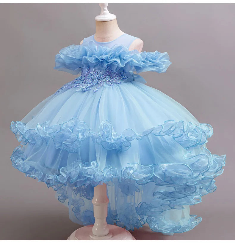 Luxury Off-Shoulder Girls' Dress - Convertible Tulle Ball Gown for Birthday Parties & On-Stage Events