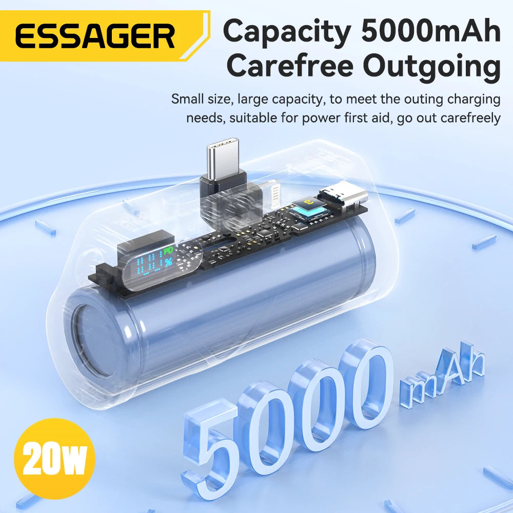 5000mAh Mini Capsule Power Bank 20W PD Fast Charging with Built-in Lightning & USB-C Plug Portable Charger