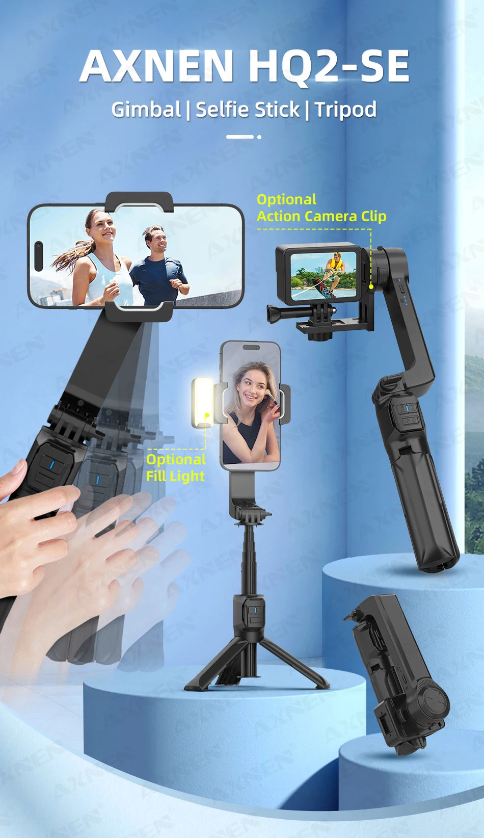 HQ2 SERIES Mobile Phone Stabilizer Handheld Gimbal for Smartphone Gopro Action Camera Extension Rod Selfie Stick Tripod