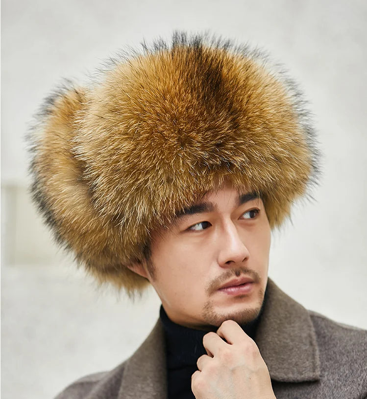 Fox Fur Cap Man Winter Genuine 100% Fur Bomber Hat Windproof Warm Earmuffs Male Flat Grey/Black Russian Hat Fitted Casquette