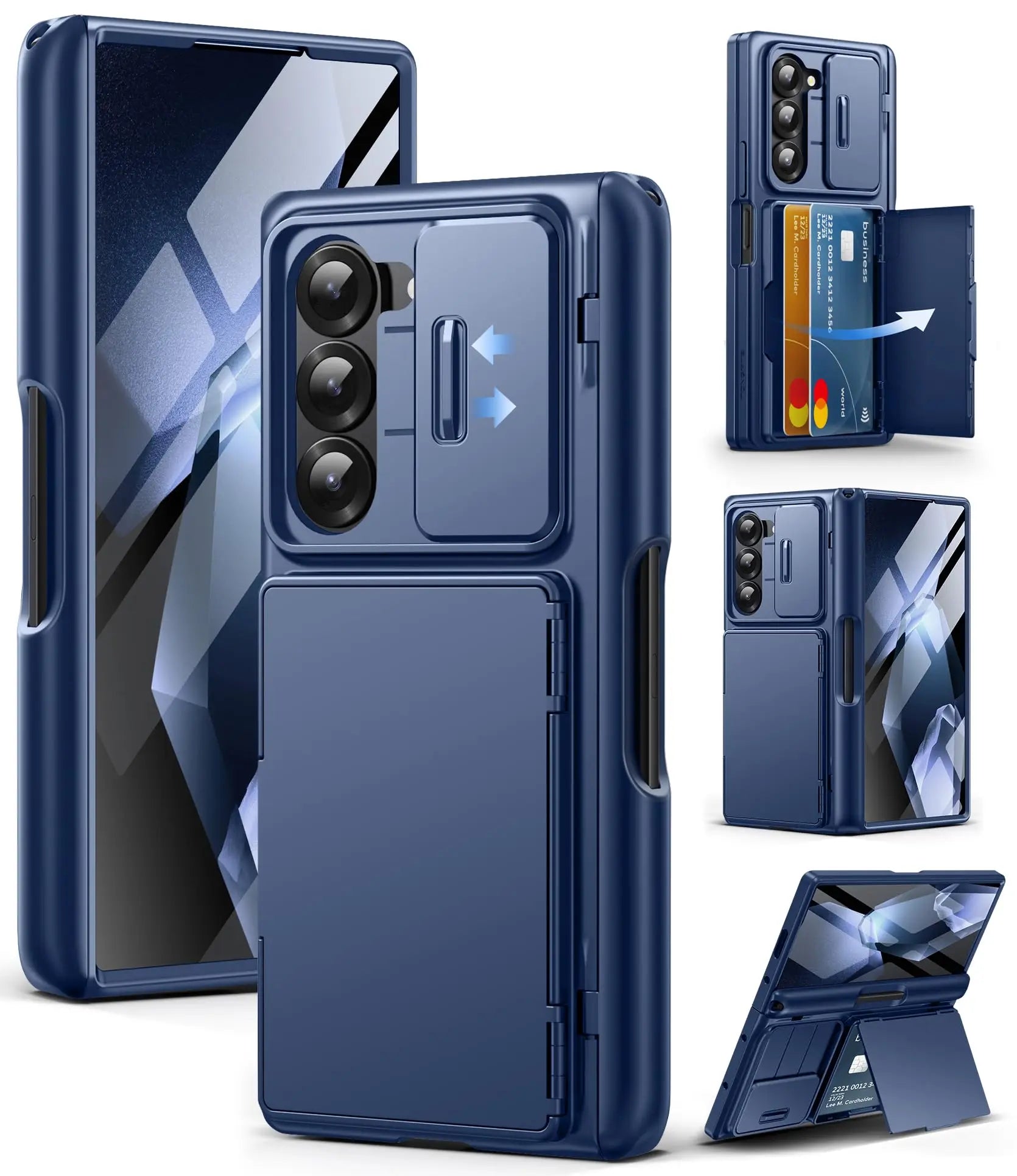 For Z Fold 6 Case with Secure Card Holder Sliding Camera Cover Rugged Hinge Protection Wallet Phone Case Glass Screen Protector